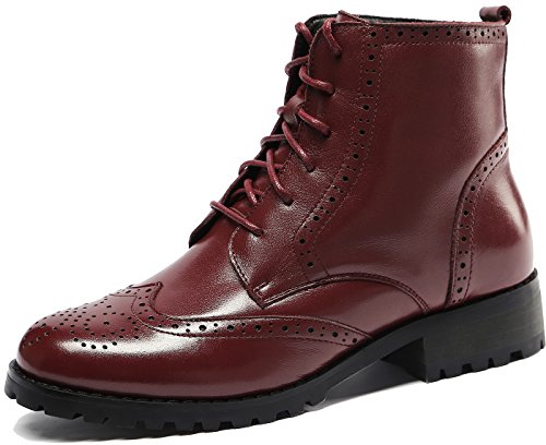U-lite Ladys Lace Up Brogue Leather Oxford Boots, Autumn Winter Martin Combat Ankle Boots Burgundy9
