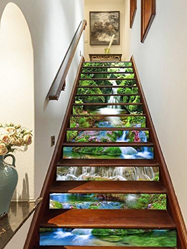 Estrellaw Bright Forest Waterfall Stair Risers Decoration Photo Mural Vinyl Decal Wallpaper Murals (13x H:18cm x W:94cm (7"x37"))