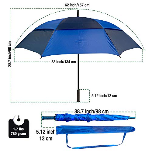 Procella Golf Umbrella Windproof Waterproof - 62 Inch Large Automatic Open Rain & Wind Resistant Vented Double Canopy - Best Golf-Sized Stick Umbrellas for Men and Women (Navy Blue/Light Blue)