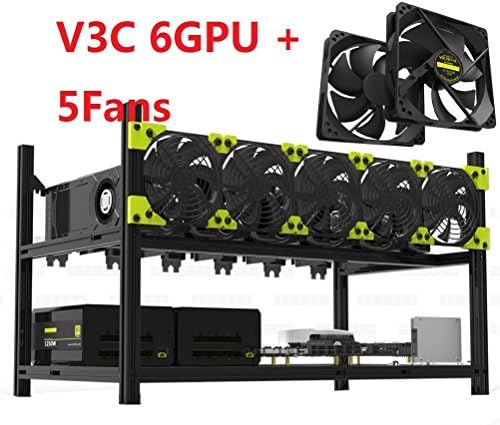 6 GPU Mining Rig with 5 Fans Aluminum Miner Case Stackable Rack Open Air Frame Overlying Kit For ETH/ETC/ZCash Ethereum,Bitcoin,and Altcoins(5 fans included)