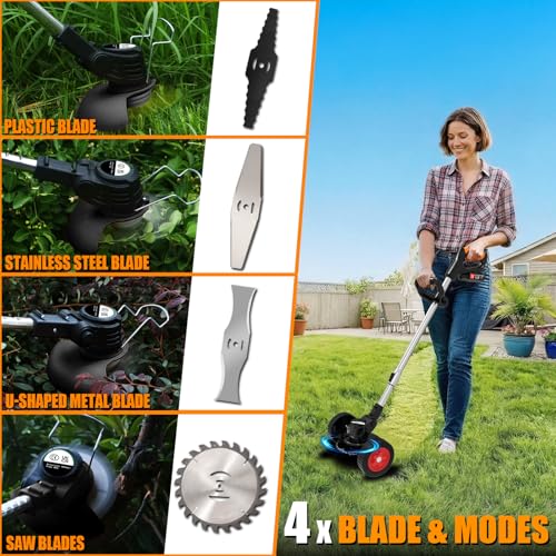 Cordless Weed Wacker Electric Eater Battery Powered with 2 21V Battery Operated, 3 in 1 Stringless Grass Trimmer/Edger/Brush Cutter Wheels Weed Trimmer for Garden Yard
