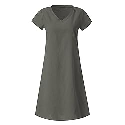 Women's Summer Cotton Linen Dress Loose V-Neck