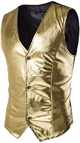 Mada Men's Shiny Metallic Tuxedo Vest Single Breasted Suit Waistcoat US Medium Gold