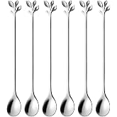 AnSaw 6-Piece Elegant Silver Leaf Long Handle Teaspoons - 7.4" | Stainless Steel Stir Spoons for Coffee &amp; Tea, Perfect for Mixing &amp; Stirring
