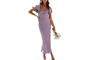 VUBIYA Summer Satin Flutter Sleeve Wedding Guest Dresses for Women Sweetheart Neckline Cutout Tie Back Midi Cocktail Dress