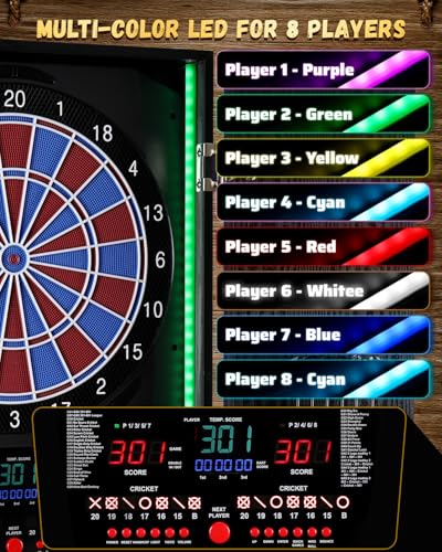 Yirinatek Electronic Dart Set, [12 x Bronze Darts] Electronic Dartboard, Rustic Wooden Door Cabinet, 8 Colours LED Display, Dart Games for Home & Bar