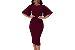 WANMEM Womens Bodycon Ruffle Flared Short Sleeve Work Midi Dress Business Office Casual Pencil Dress
