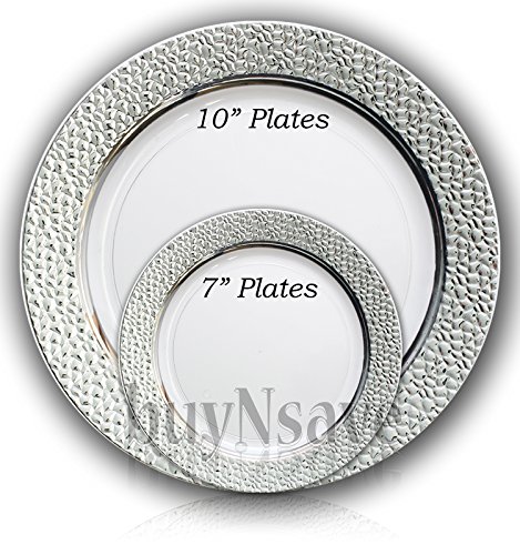 buyNsave Clear with Silver Heavyweight Plastic Elegant Disposable Plates, Wedding Party Elegant Dinnerware, Hammered Collection (40, 10.25" Dinner Plates)