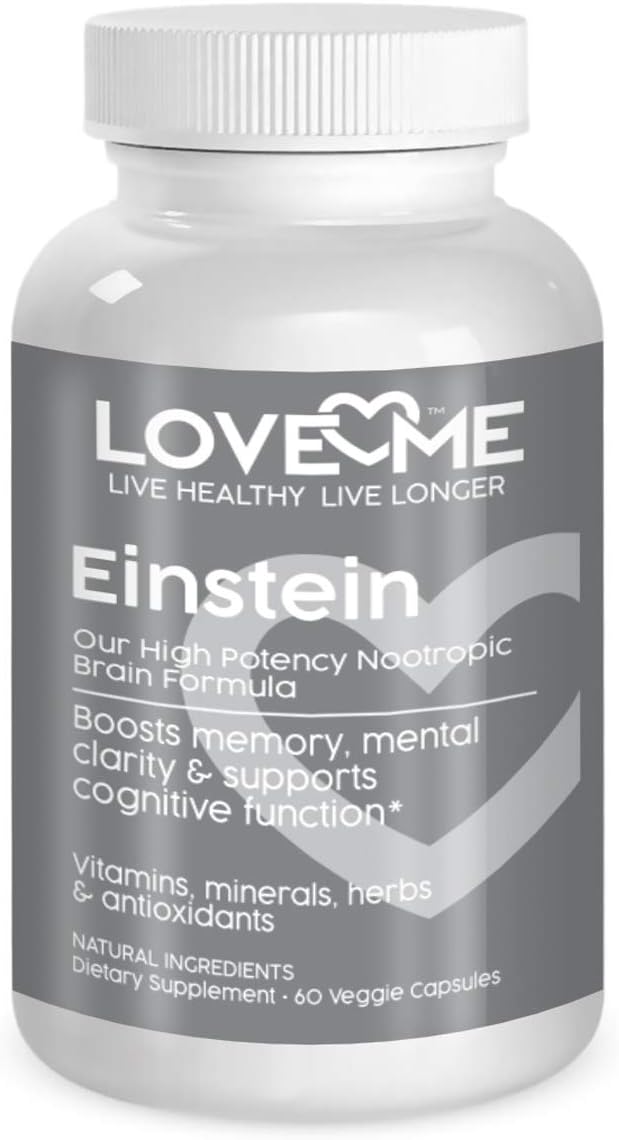 Love Me Nutrition® - Einstein - Brain Nootropic Formula Men & Woman. Minerals, Herbs, Antioxidants Amino Acids. Memory Mental Focus Clarity. Natural No Artificial Ingredients 60 Vegi Caps