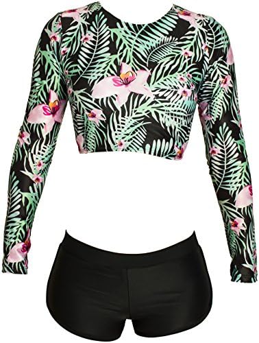 Vogueric Womens Floral Printing Long Sleeve Two Pieces Rash Guard Swimsuits Green Medium