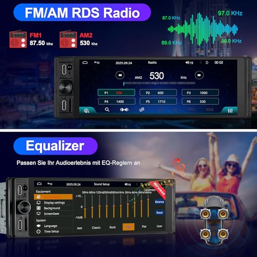 1 DIN Radio Compatible with Wireless CarPlay & Android Car, Car Radio 1Din with 6.28 Inch HD Screen, Navi, Bluetooth, AM/FM/RDS, TF, AUX, SWC