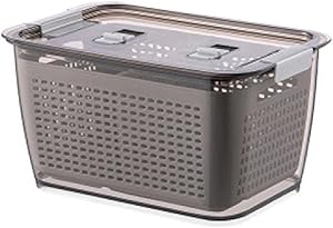 MAOSUO Food Storage Containers Brilliance Fresh Box with Lid Kitchen Drain Basket Refrigerator Organizer Keeper,Chef’s Path,Gray & White,7.71x5.27x4.53in