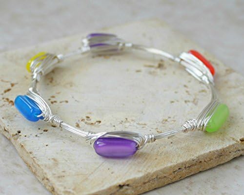 Multi Color Colorful Silver Tone Purple Green Blue Yellow Red Wire Wrapped Small Beaded Bangle Stacking Bracelet