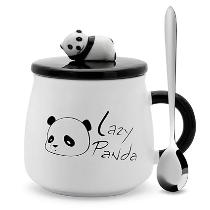 3-D Molded I Cute Animal Ceramic Mug with Spoon and Lid ~ Box Packed and High Detailing (Lazy Panda)