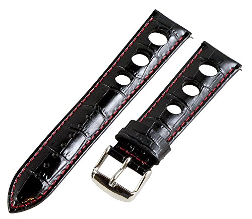 Clockwork Synergy, LLC21mm Rally 3-hole Croco Black/Red Leather Interchangeable Replacement Watch Band Strap