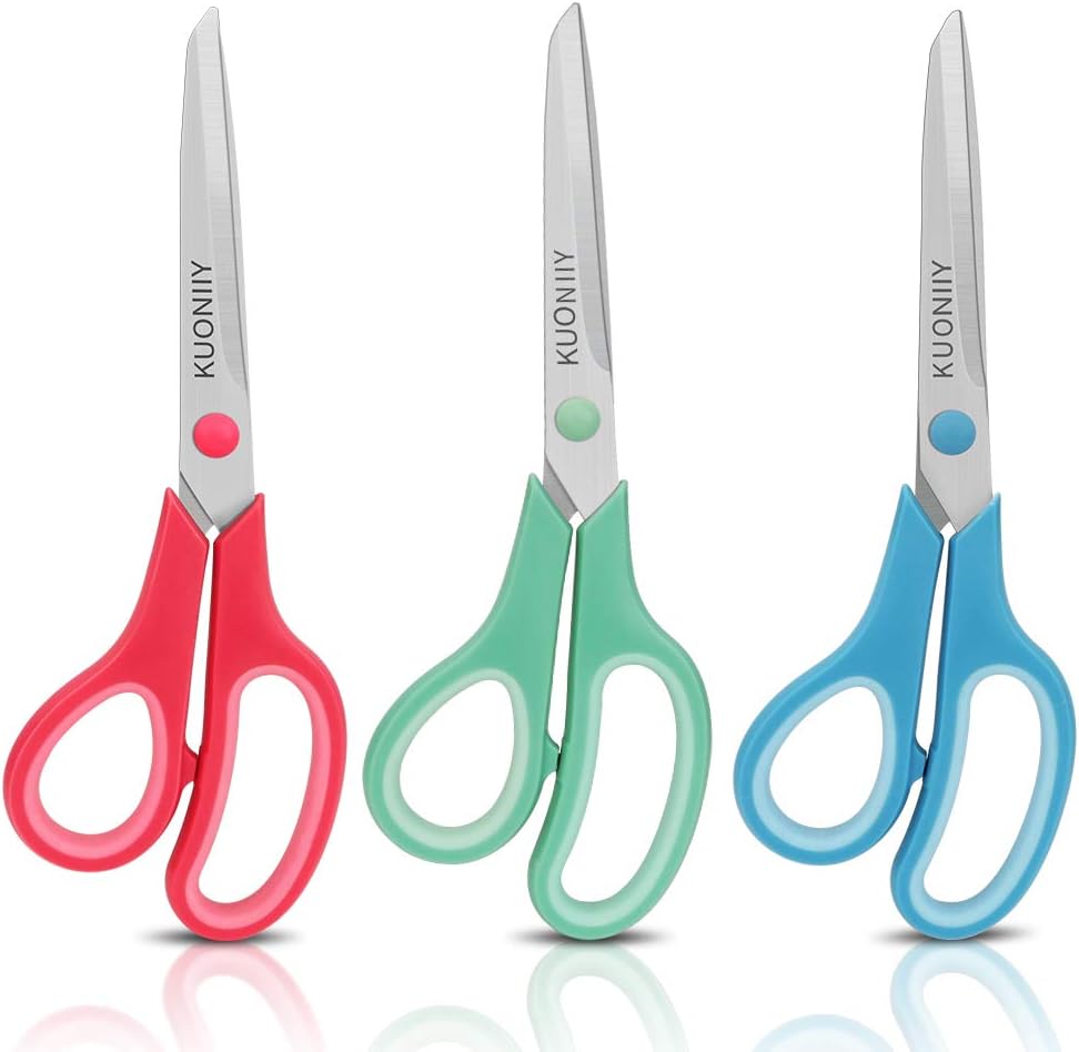 KUONIIY Scissors 8 Inch Soft Comfort-Grip Handles Sharp Blades, Set of 3, Red, Green, Blue, 3 pack