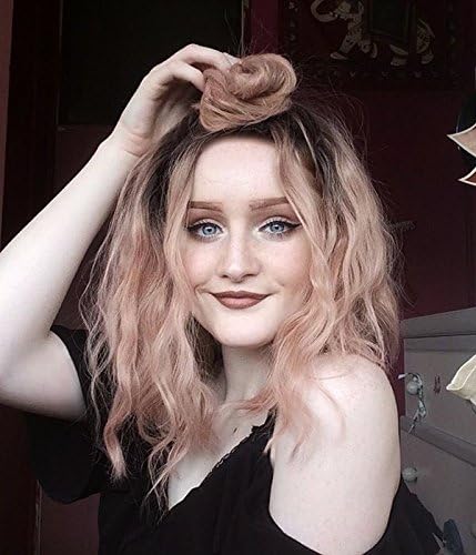 CY Wigs Ombre Dark Roots To Mixed Pink Short Bob Wave Synthetic Hair Wigs Heat Resistant Glueless Lace Front Wigs For Women(14 inch)