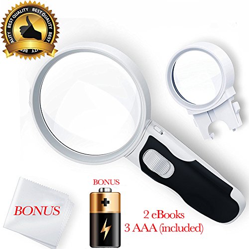 The Best Quality Magnifying Glass with Light 16X+5X Lens by ProMagnifier (Free Cleaning Cloth + 3AAA Batteries