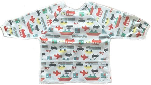 Waterproof long sleeved bib - lightweight bibs with sleeves with ties and feeding pocket, best for infant, smock, toddler, baby 6-30 months girl and boy (Cars)
