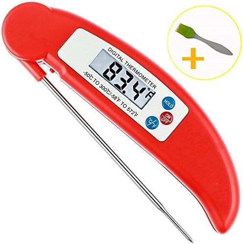 Food Thermometer Instant Read Digital With Long Sensitive Probe, Meat Thermometer, Best for Kitchen, Grill, BBQ, Food, Steak, Turkey, Candy, Milk, Gift Silicone Brush Auto Shut Off (Red)
