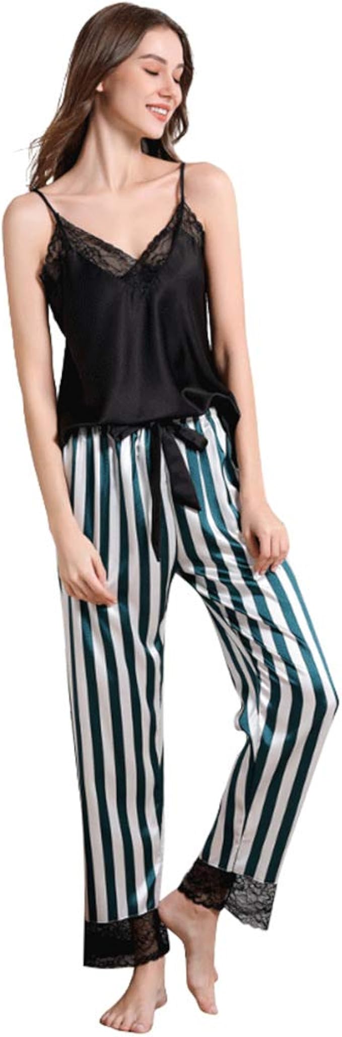 Women¡¯s Lace Pajama Sets Cami Top and Pants Sleepwear Nightwear Green Stripe L at Amazon Women