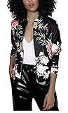 Farktop Women's Embroidery Patch Velvet Biker Bomber Flight Jacket (XL, Black 01)