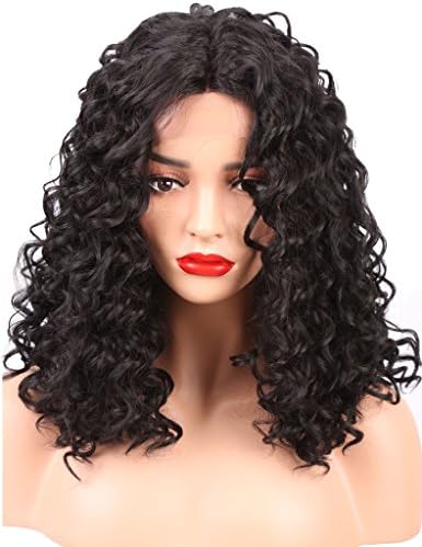 Synthetic Lace Front Wig Curly Middle Shoulder for Black Women Heat Resistant Wigs 16 Inch 1B Color