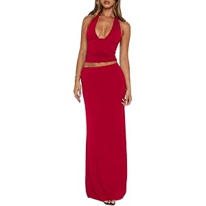 Lybiogs Womens Two Piece Sets Halter Top Maxi Skirt Set Vacation Outfits | Soft stretchy, slim fit, deep V neck, halter crop