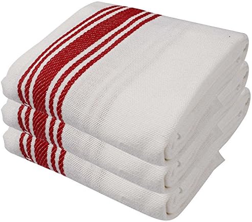 100% Cotton fancy Stripe Kitchen Towels - White. Pack of 3 ( 15 X 25 )inches. High water absorbency. Easy Clean and dry. Attractive red stripe towel with cross hanger.