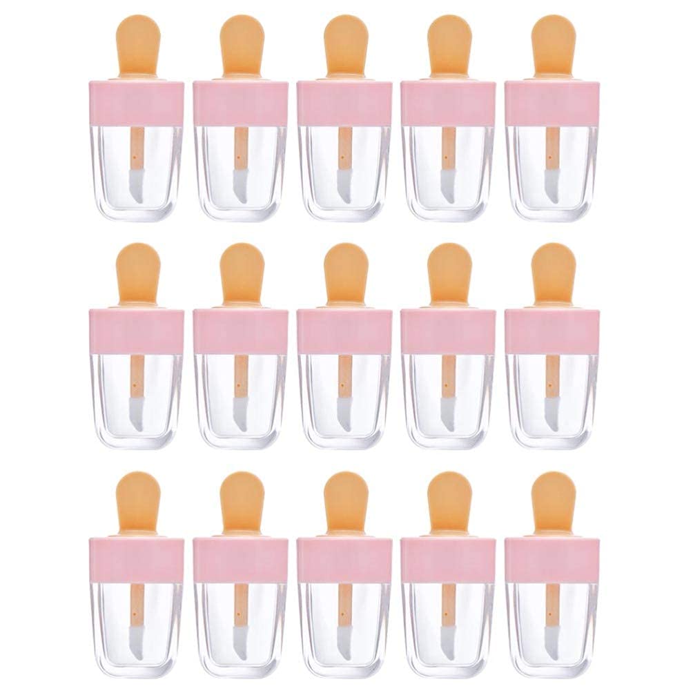 LATRAT Empty Lip Gloss Tube Ice Mould Refillable Lip Gloss Container for Lotions Cream Liquid Pack of 15, Pink and clear
