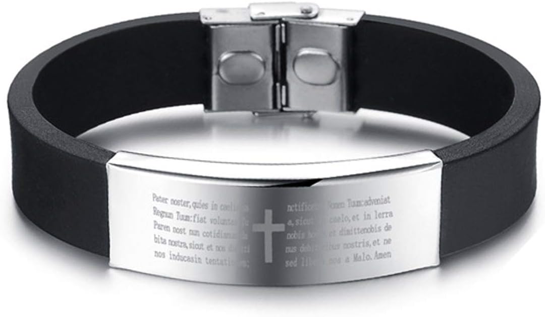 abhista Jesus Christian Silver Stainless Steel and Leather Bracelet for Men