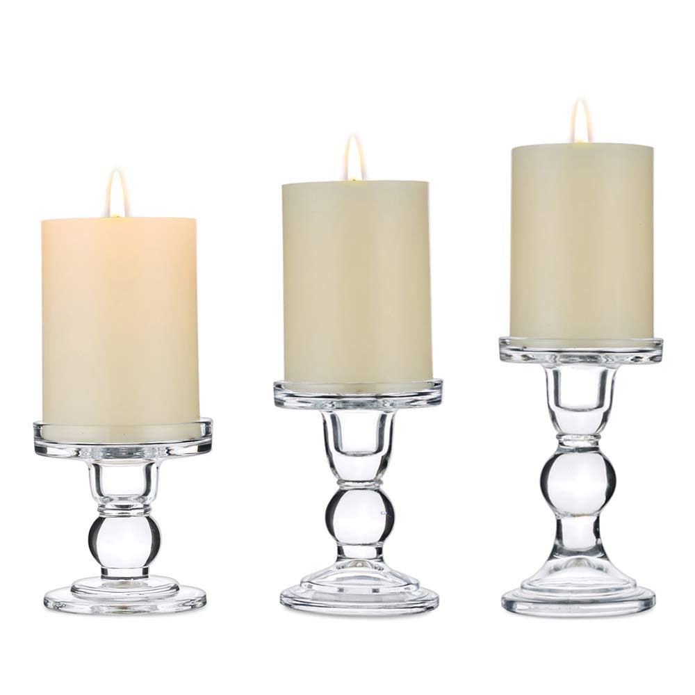 NUPTIO Set of 3 Clear Glass Candle Holders for 7.5cm Pillar & Taper Candle, Dual Uses Candleholder Centerpieces for Wedding Party Christmas Home Decoration, Table Candlestick Holders for Halloween