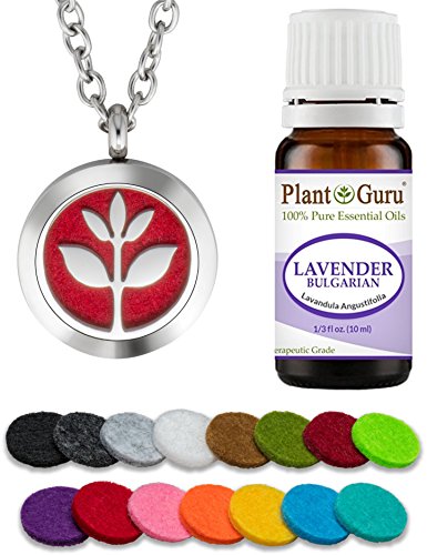 Plant GuruEssential Oil Diffuser Necklace Set Kit with Lavender 10 ml., 25mm Stainless Steel Locket Pendant with 24" Adjustable Chain, 15 Washable Refill Felt Pads. Aromatherapy Jewelry