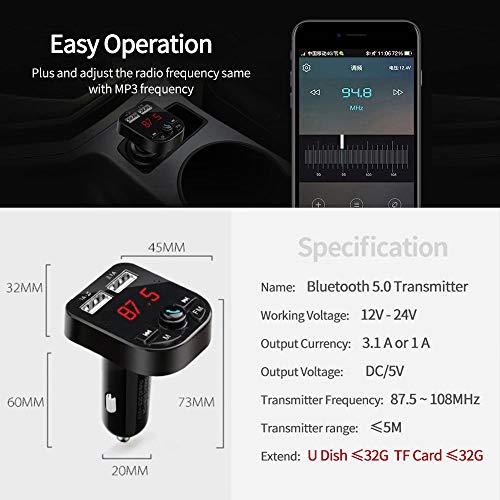 Wireless Bluetooth FM Transmitter for Car,Huifen Car Kit Audio Adapter & Receiver with Mic Handsfree Call MP3 Player Voice Navigation Fast Charger with 2 USB Ports,TF Card Port & AUX Output (Black) - Thumbnail 4