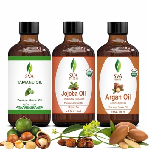 SVA Tamanu Oil, Jojoba Oil & Argan Oil 4oz Bundle Super Saver Combo – Premium Grade Bundle Set for Hair Oiling, Scalp Massage, Hair Care, Face, Skin Care and Body Massage