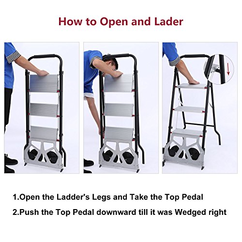 Anfan Folding 3-Step Stool Ladder and Hand Truck Portable Ladder with Hand Grip Aluminum Wide Pedal Sturdy Steel StepLadders 330lb Dolly 176lb