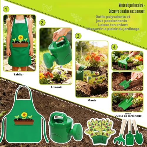 Garden Tools for Children, 10 Metal Garden Kit with Shovel, Rake, Fork, Work Gloves, Apron, Watering Can, Complete Garden Set for Kids, Outdoor Garden, Yard, Lawn (A)