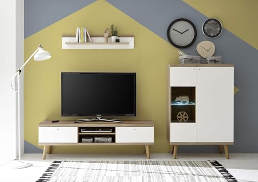 Wohnwand Scandic V, Eiche Riviera NB/weiß matt, 3erSet