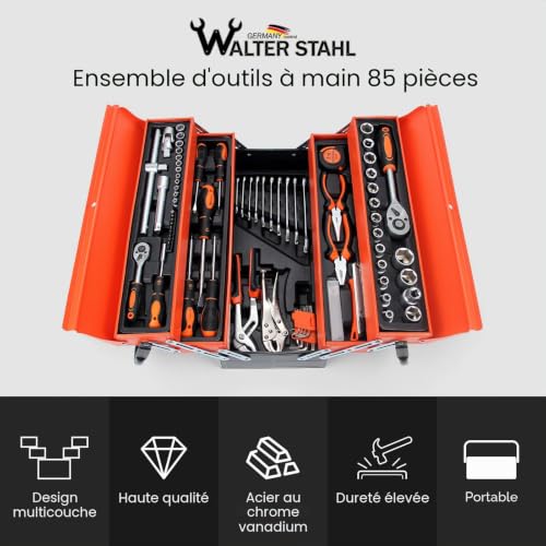 Walter Steel Complete Tool Box 85 Pieces, Chrome Vanadium | Complete Portable Screwdriver and Pliers Tool Kit Ideal for Daily Maintenance at Home or Garage Orange