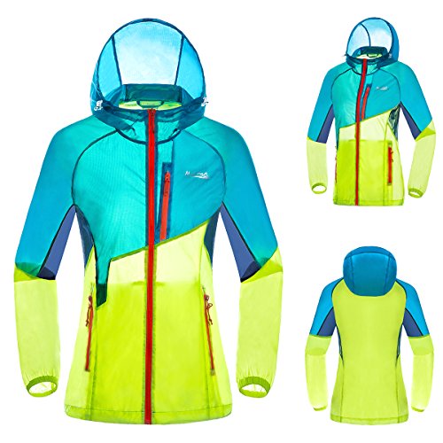 Makino Women's Super Lightweight Windproof Hooded Jackets UV Sun Protection Packable Windbreaker Outdoor Summer Coat Women Blue/Yellow Asian XL
