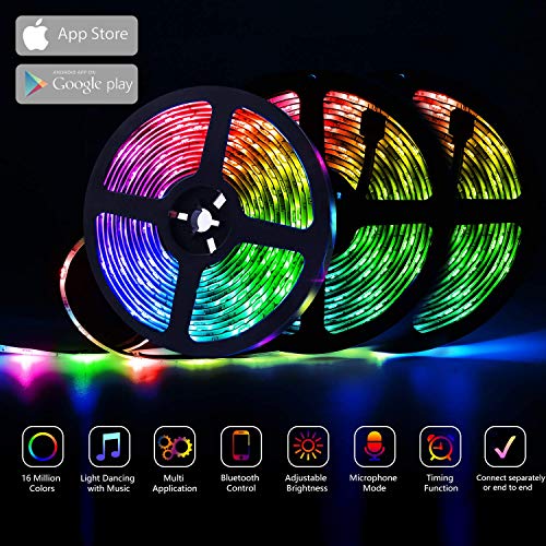 39.42FT/12m LED Strip Lights Flexible Strip Light with Bluetooth Controller Changing Tape Lights kit with LED Sync to Music for TV, Bedroom, Kitchen Under Counter, Under Bed Lighting (3×4M)