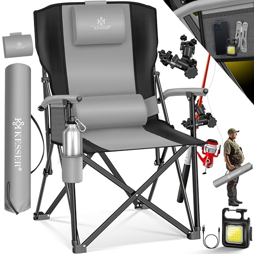KESSER® Campingstuhl faltbar bis 160 kg | Angelstuhl Faltstuhl Klappstuhl Gepolstert mit Armlehnen | Campinglicht und Getränkehalter + Tasche mit hohe