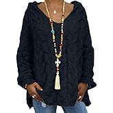 Akivide Women's Oversized Chunky Cable Knit Pullover Hooded Sweaters V Neck Long Sleeve Loose Hoodies