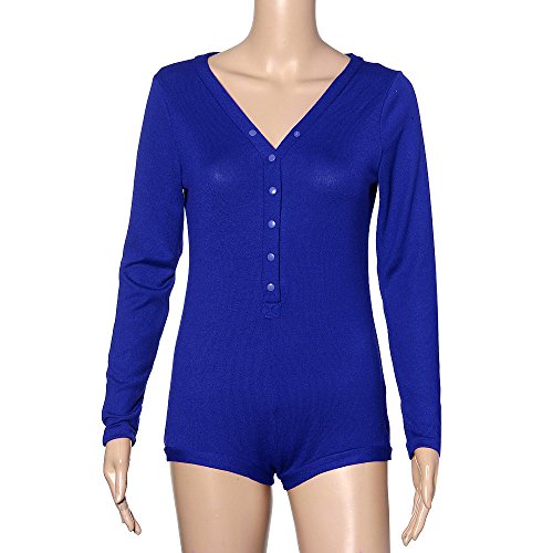 Mlide Womens Single-breasted Knit Deep V One Piece Jumpsuit,Bodysuit Stretch Long Sleeve Shorts Pants Playsuit(Blue,Small)