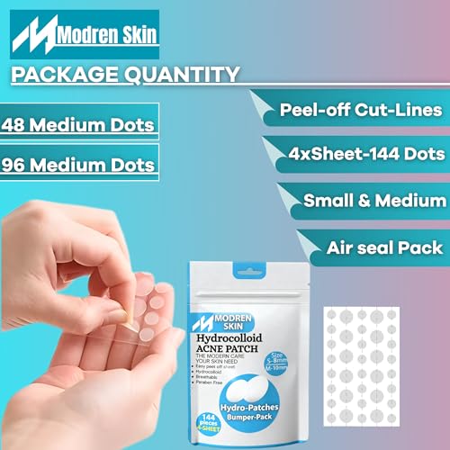 MODREN SKIN – 144 Pcs Pimple patches 4 Sheets – Hydrocolloid pimple patch with easy peel off cut lines in a resealable zipper bag – Acne Patch dots (Small 8mm, Medium 10mm)