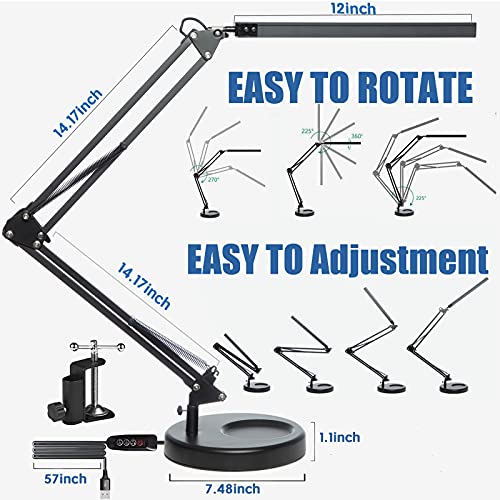 LED Desk Lamp with Clamp and Round Base, Swing Arm Eye Caring Table Lamp, 3 Color Modes 10