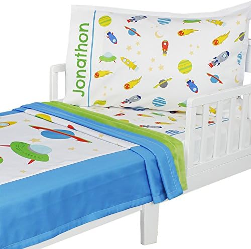 3pc RoomCraft Blast Off Personalized Toddler Bedding Set Outer Space Rocket Ships Blanket Sheet and Pillowcase Set