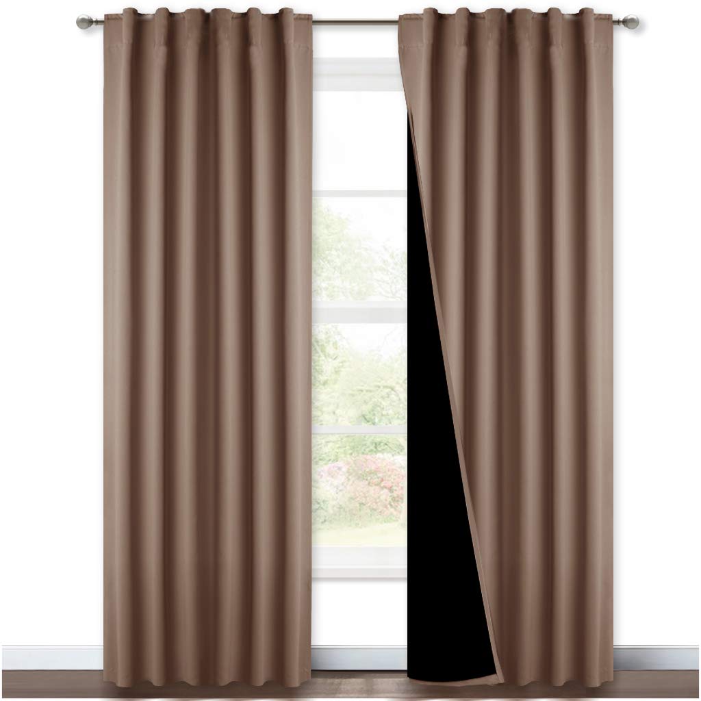 NICETOWN Complete Blackout Shades with Rod Pocket/Back Tab for Large Window, 100% Blackout Window Curtain Panels with Black Lined, 52 inches Width Each Panel, 95 inches Length, Cappuccino, 2 Pieces Image