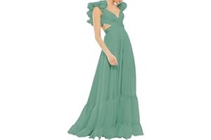 Lawrncedw Chiffon Ruffle Prom Dresses for Women V Neck Long Bridesmaid Dresses Backless Formal Evening Gowns A Line