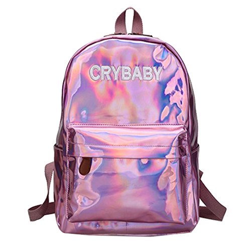 Aisa Fashion Holographic Laser Backpack Big Capacity PU Leather School Bag Travel Satchel Shoulder Bag Leisure Daypacks (Pink)